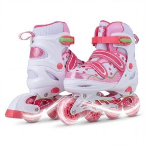 Patines en Línea Talla L para Niños 4 Tallas Ajustables 8 Ruedas Luminosas Freno Protección Seguridad Uso Interior Exterior Rosa