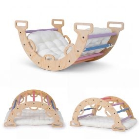 Arco de escalada Montessori 3 en 1 de madera con cojín y balancín para interior 81x48,5x38,5 cm multicolor