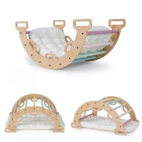 Arco de escalada Montessori 3 en 1 de madera con cojín y balancín para interior 81x48,5x38,5 cm