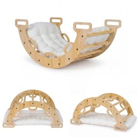 Arco de escalada Montessori 3 en 1 de madera natural con cojín y balancín para interior 81x48,5x38,5 cm