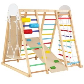 Estructura de escalada infantil multicolor plegable 8 en 1 con tobogán y columpio de madera 119 x 115 x 117 cm