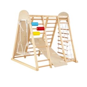 Estructura escalada infantil plegable 8 en 1 con tobogán y columpio de madera ecológica natural 119 x 115 x 117 cm para interior y niños de 3 años
