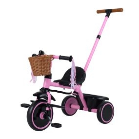Triciclo para Niños 2 en 1 con Manillar Regulable Canasta de Mimbre Capacidad 25 kg para Niños de 2-5 Años 94 x 43 x 90-96,5 cm Rosa