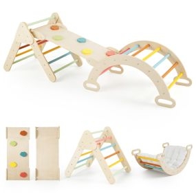 Set de escalada Montessori 3 en 1 de madera de haya plegable con rampa y arco colorido para bebés desde 1 año