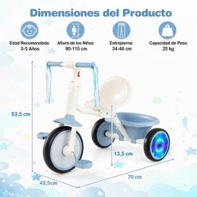 Triciclo Infantil con Asiento Ajustable Ruedas Traseras Luminosas y Caja Almacenamiento Desmontable para Niños 70 x 43,5 x 53,5 cm Azul