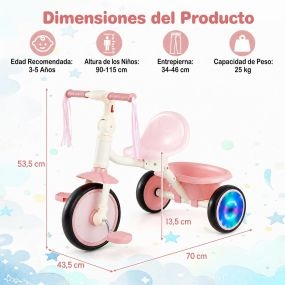 Triciclo Infantil con Asiento Regulable Ruedas Traseras Luminosas y Caja Portátil Desmontable para Niñas Pequeñas 70 x 43,5 x 53,5 cm Rosa