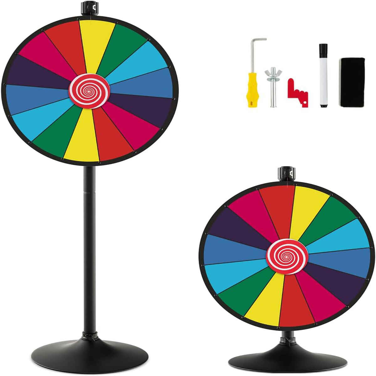 24" Ruleta de Premios Giratoria Altura Ajustable 80/148 cm Rueda de la Suerte Doble Uso con Soporte Marcador Borrador para Ferias Juegos