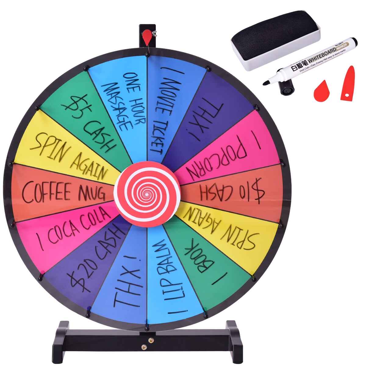 Ruleta 24'' de la Suerte Colorido Juego de Mesa con Soporte con Bolígrafo Borrable 14 Ranuras Puede Escribir y Limpiar