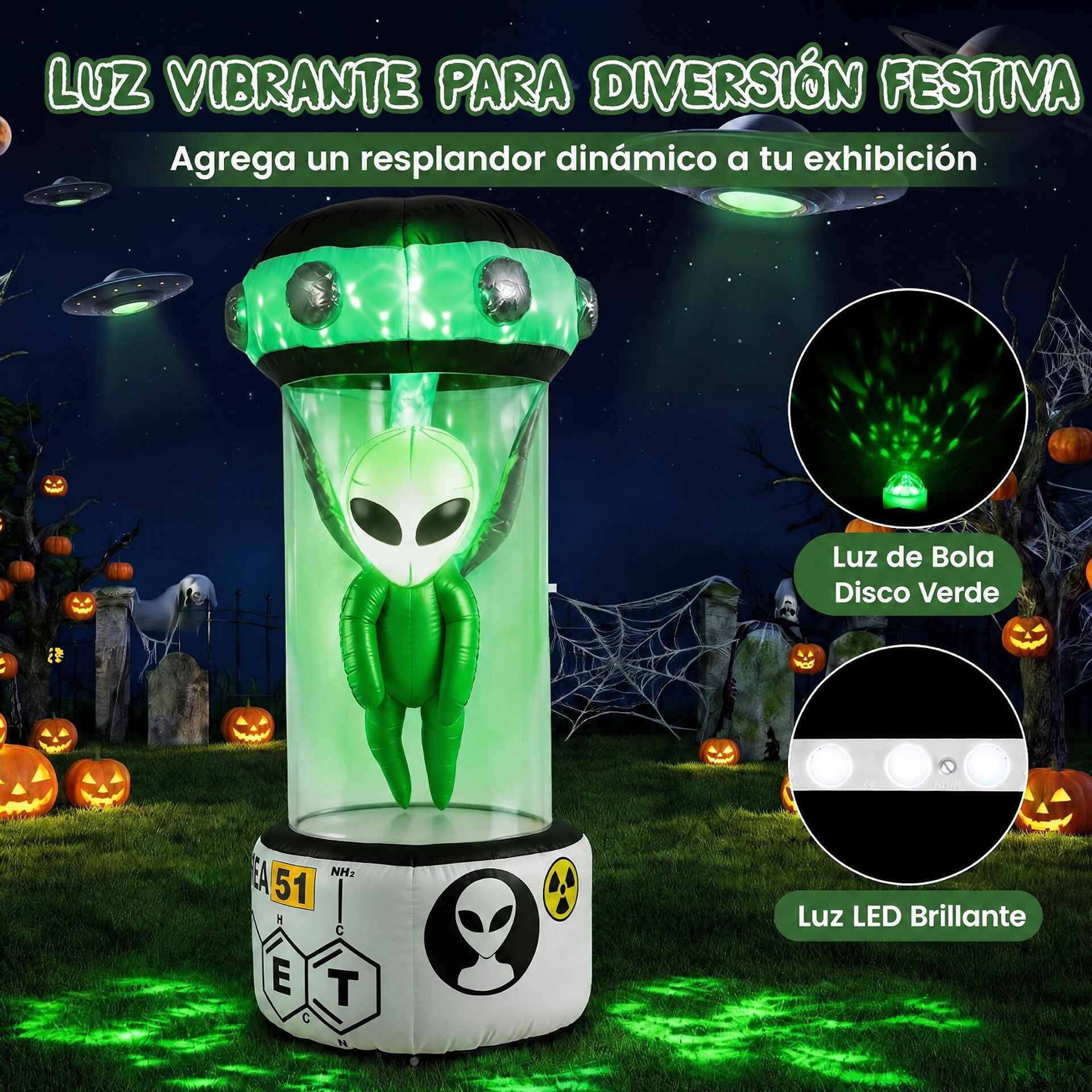 Decoración Inflable de Extraterrestre para Halloween con Luces LED Resistente al Viento Tejido de Poliéster 95 x 95 x 225 cm Blanco y Verde