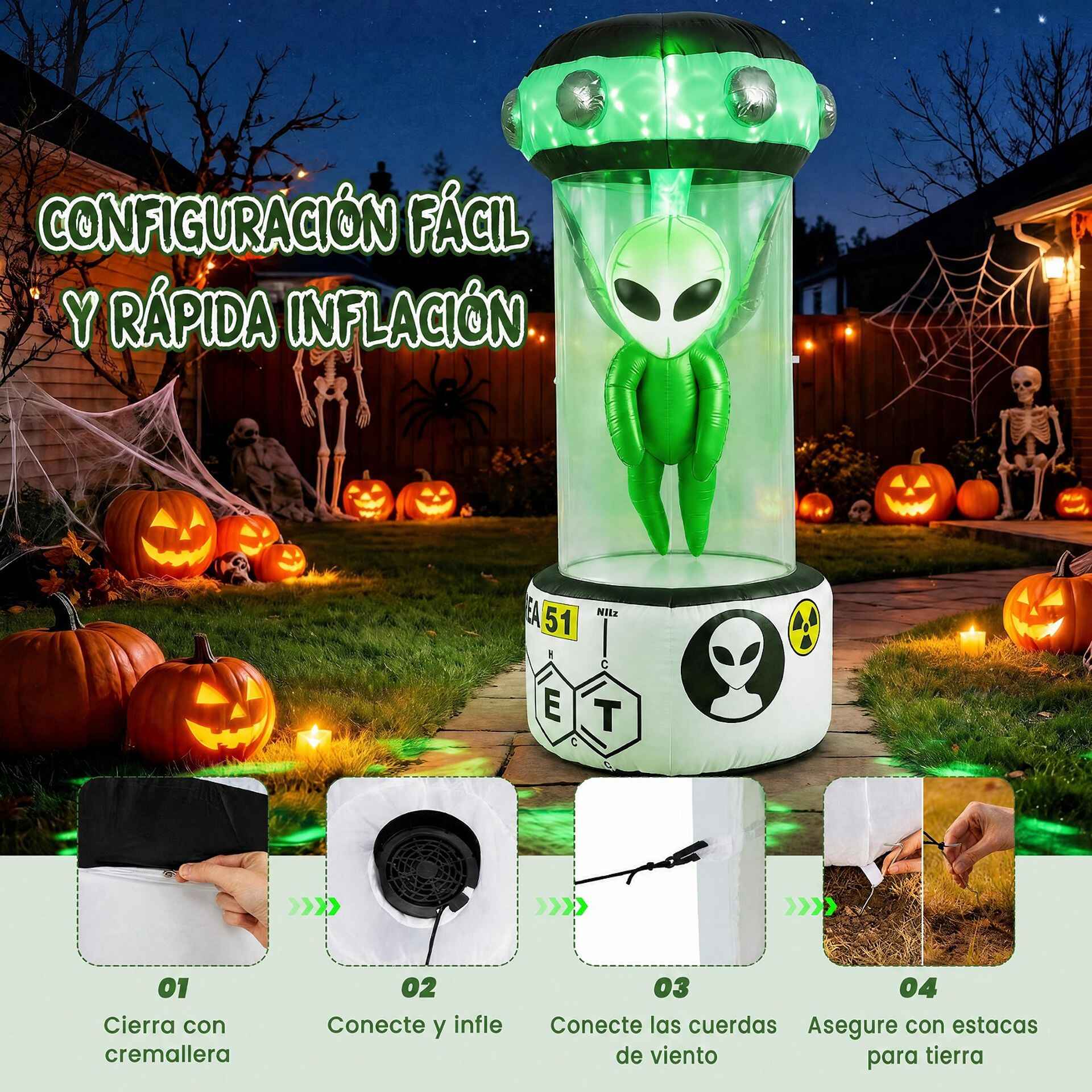 Decoración Inflable de Extraterrestre para Halloween con Luces LED Resistente al Viento Tejido de Poliéster 95 x 95 x 225 cm Blanco y Verde