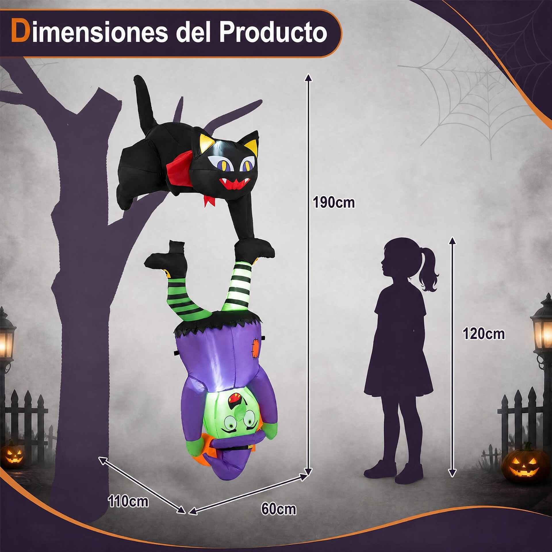 Decoración Hinchable de Bruja y Gato para Halloween con Luces LED Poliéster Interior Exterior 110 x 60 x 190 cm Negro y Verde y Morado