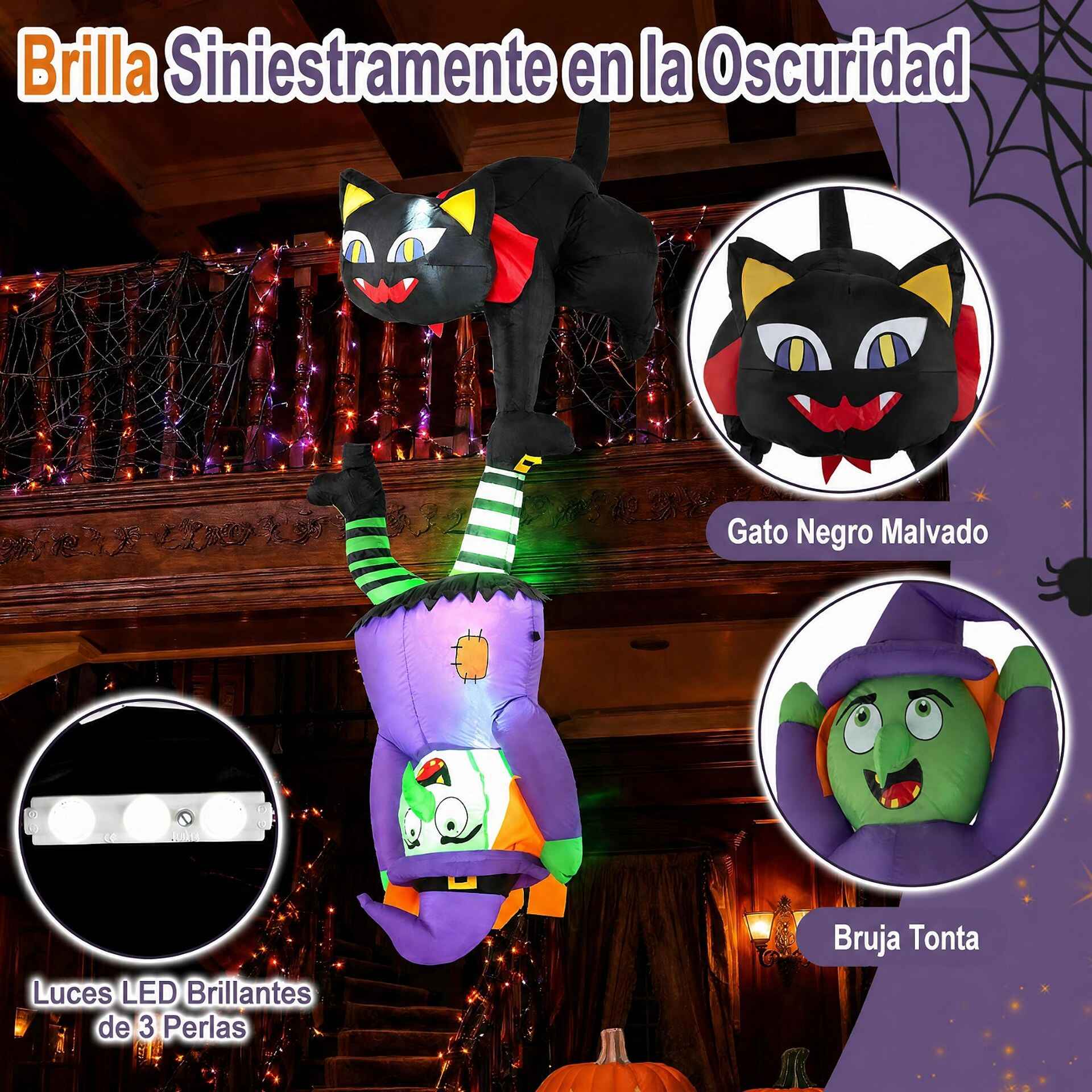 Decoración Hinchable de Bruja y Gato para Halloween con Luces LED Poliéster Interior Exterior 110 x 60 x 190 cm Negro y Verde y Morado