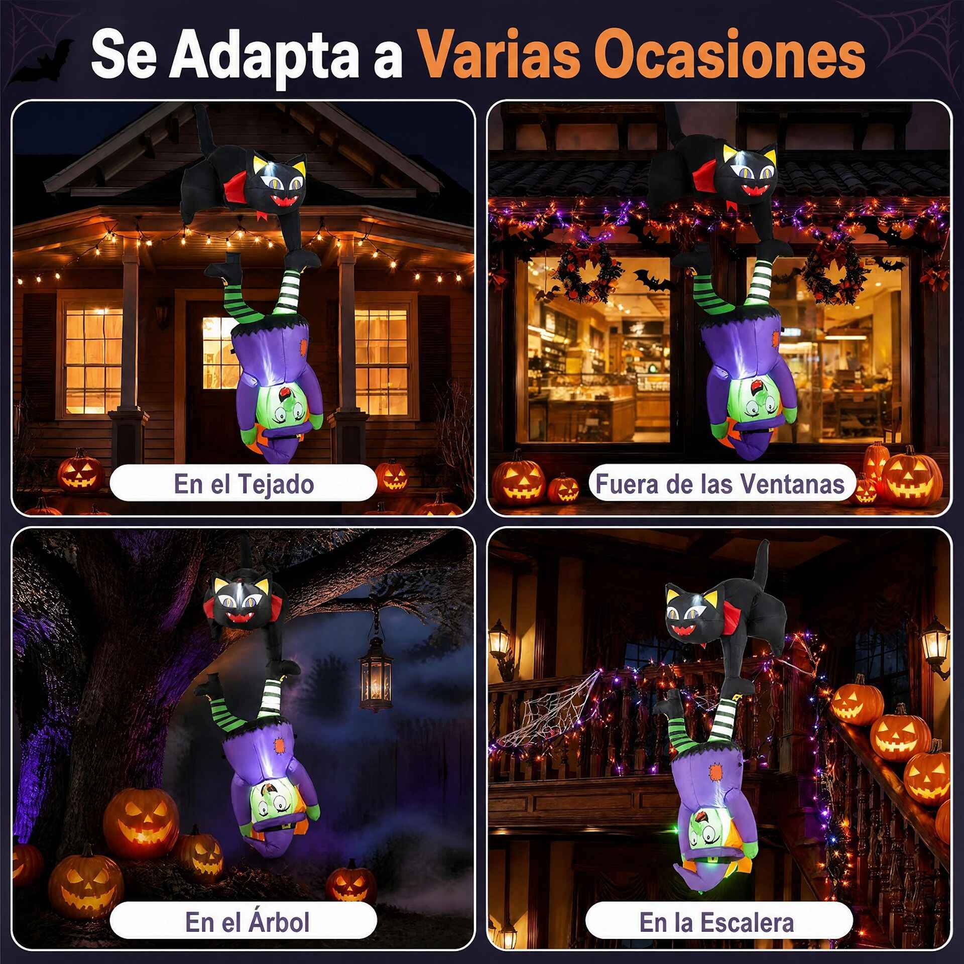 Decoración Hinchable de Bruja y Gato para Halloween con Luces LED Poliéster Interior Exterior 110 x 60 x 190 cm Negro y Verde y Morado