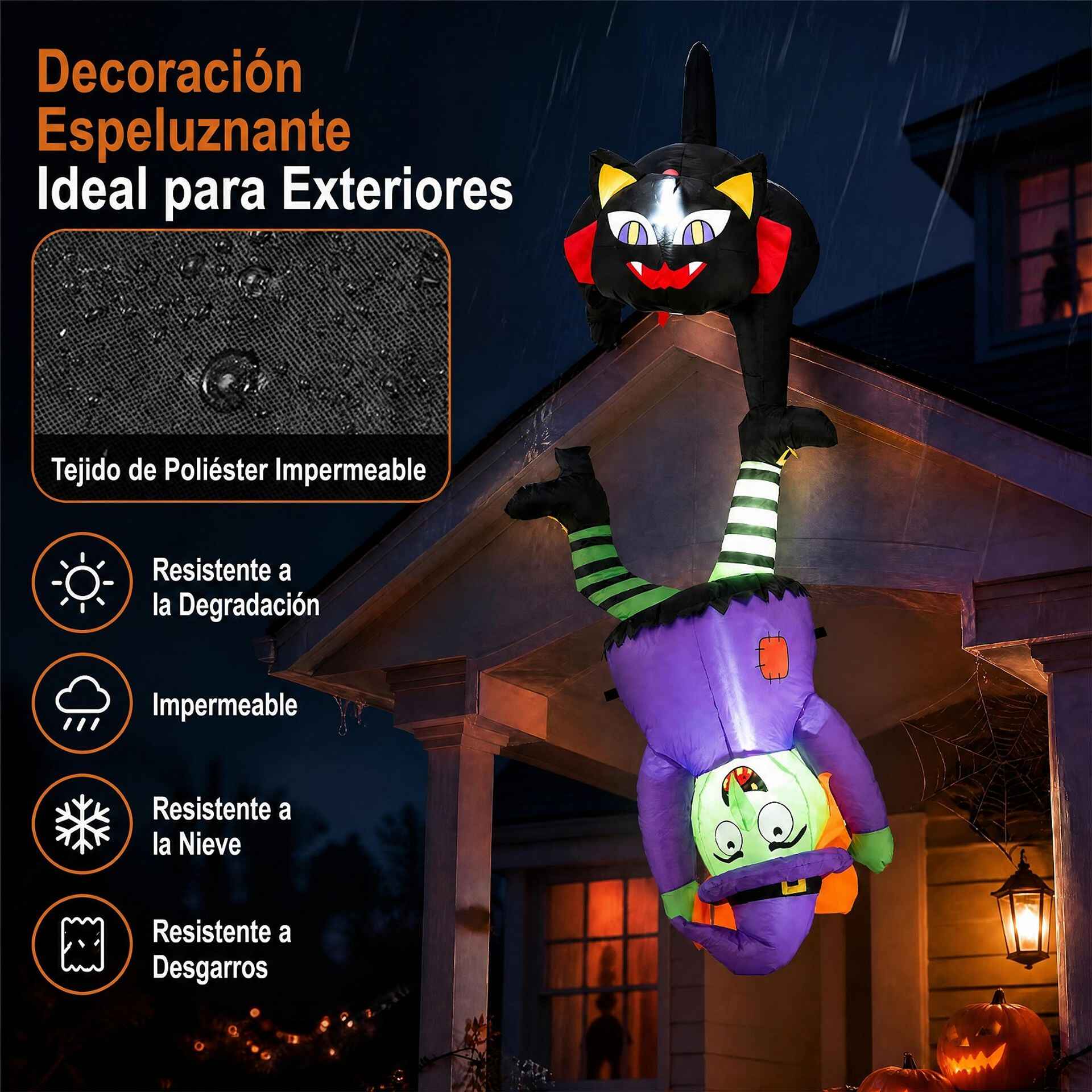 Decoración Hinchable de Bruja y Gato para Halloween con Luces LED Poliéster Interior Exterior 110 x 60 x 190 cm Negro y Verde y Morado