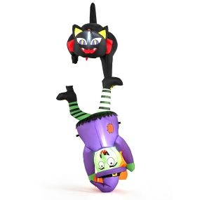 Decoración Hinchable de Bruja y Gato para Halloween con Luces LED Poliéster Interior Exterior 110 x 60 x 190 cm Negro y Verde y Morado