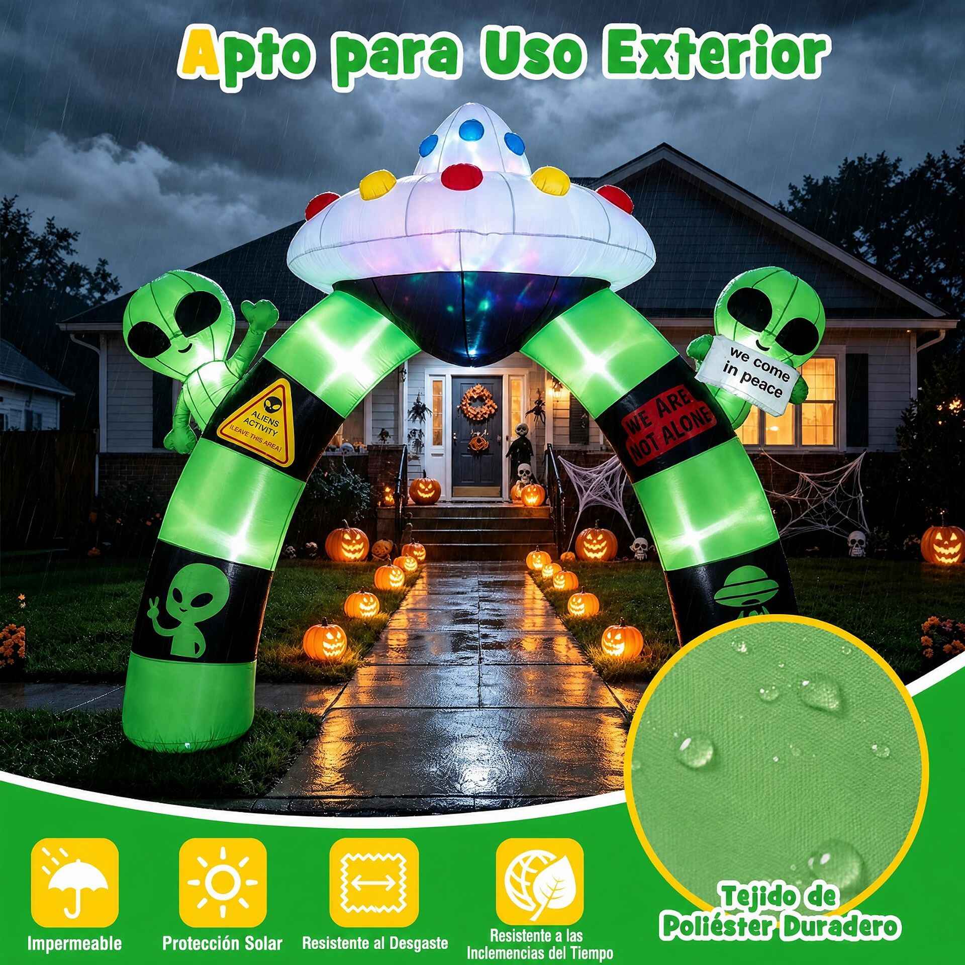 Arco Hinchable de Extraterrestre para Halloween con Luces Integradas Fácil Instalar Resistente al Clima para Jardín 320 x 35 x 300 cm Verde