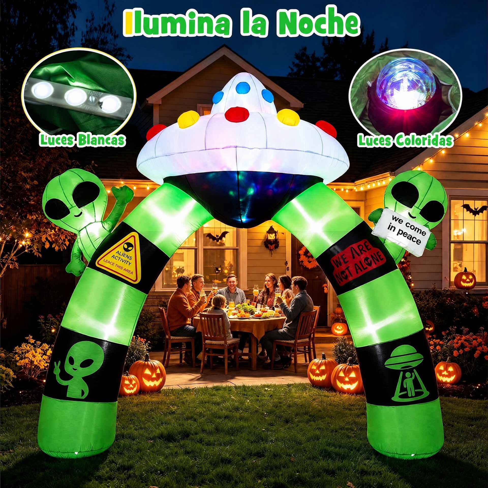 Arco Hinchable de Extraterrestre para Halloween con Luces Integradas Fácil Instalar Resistente al Clima para Jardín 320 x 35 x 300 cm Verde