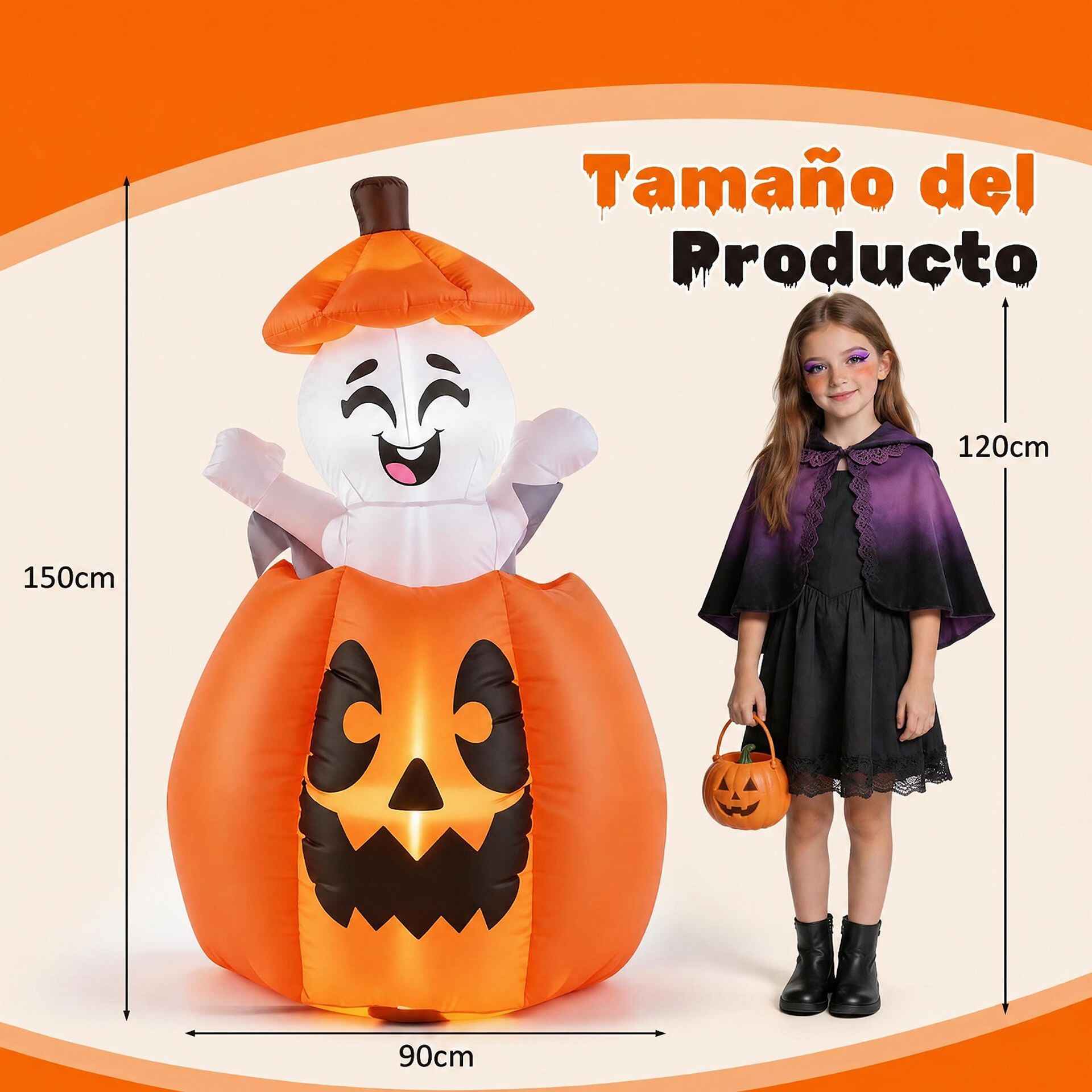 Decoración Hinchable Calabaza Fantasma para Halloween con Efecto Elevable y Luces Decorativas para Jardín 90 x 90 x 150 cm Naranja y Blanco