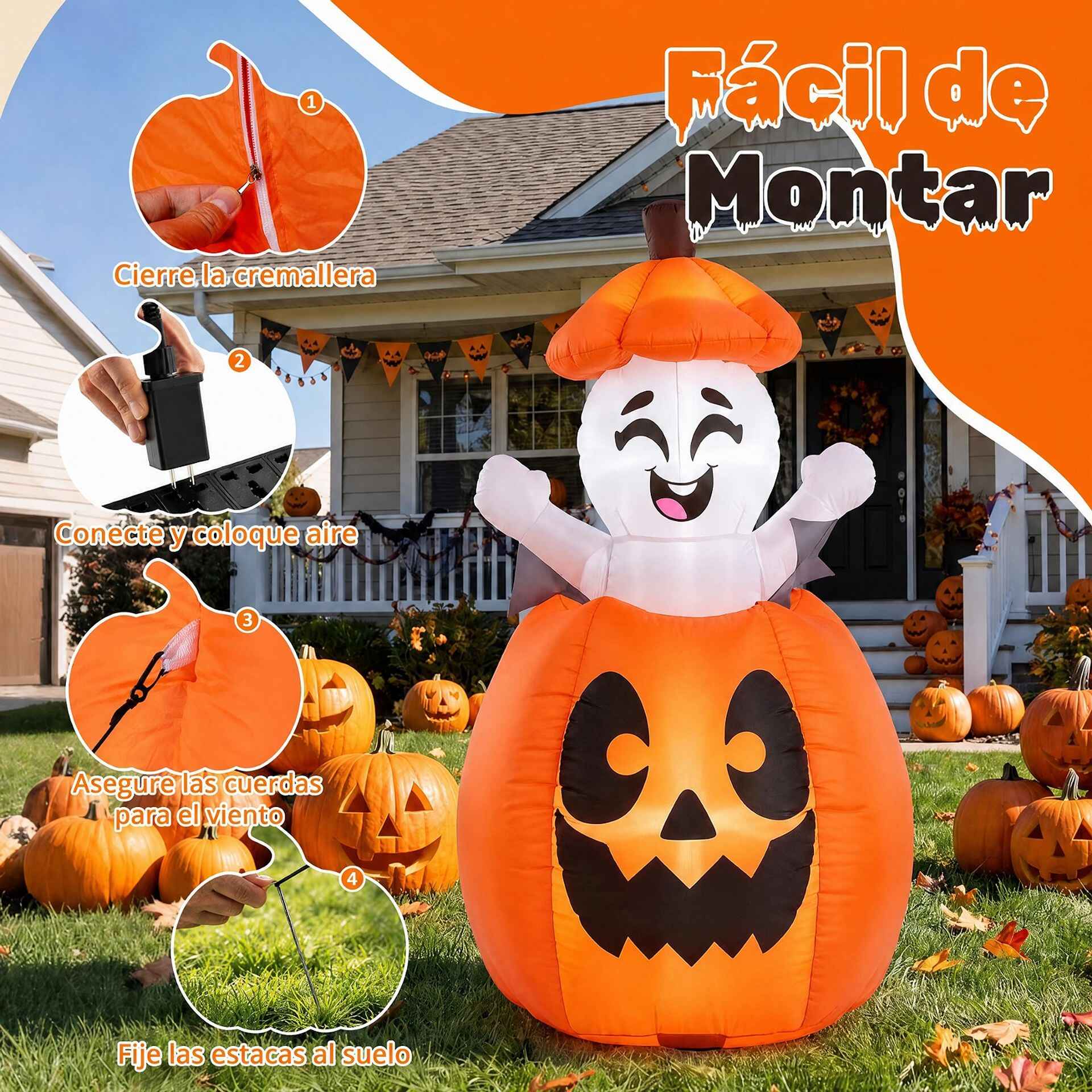 Decoración Hinchable Calabaza Fantasma para Halloween con Efecto Elevable y Luces Decorativas para Jardín 90 x 90 x 150 cm Naranja y Blanco