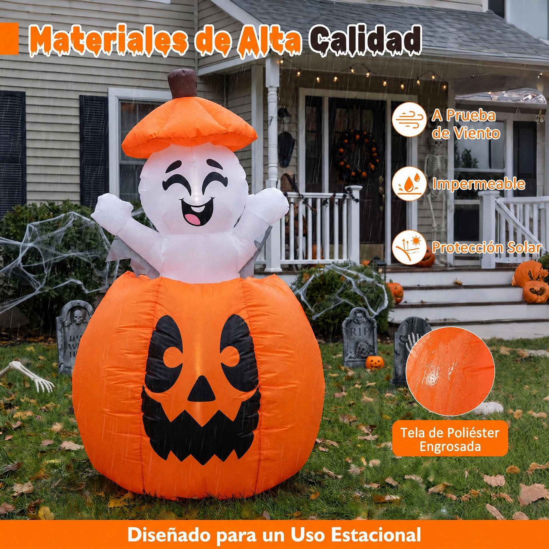 Decoración Hinchable Calabaza Fantasma para Halloween con Efecto Elevable y Luces Decorativas para Jardín 90 x 90 x 150 cm Naranja y Blanco