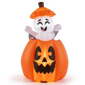 Decoración Hinchable Calabaza Fantasma para Halloween con Efecto Elevable y Luces Decorativas para Jardín 90 x 90 x 150 cm Naranja y Blanco