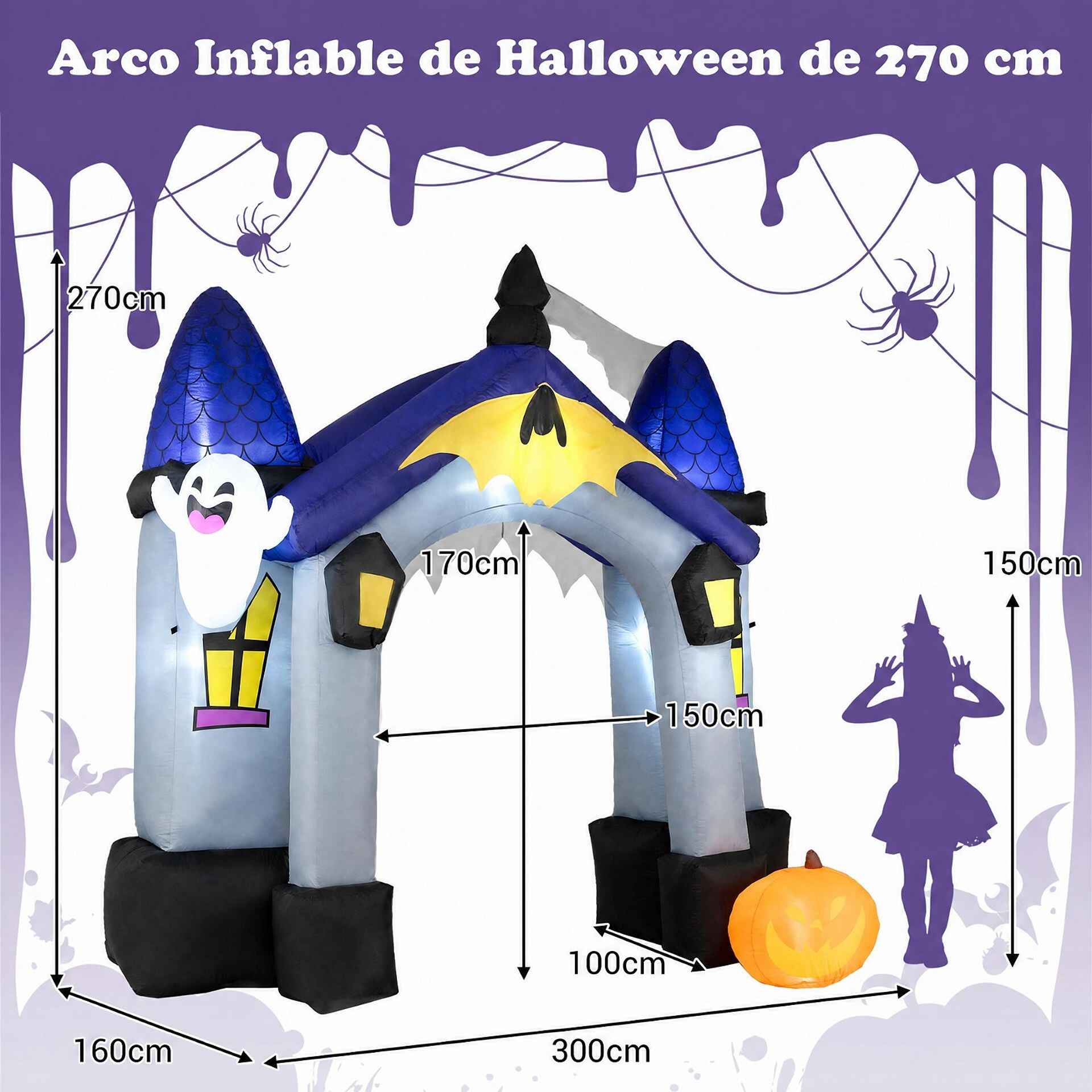 Arco Hinchable de Castillo Fantasma para Halloween con Diseño Impresionante y Luces Decorativas para Jardín 300 x 160 x 270 cm Multicolor