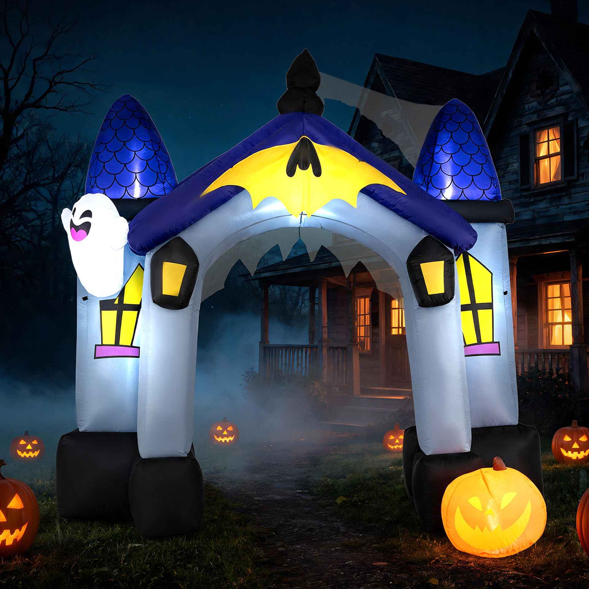 Arco Hinchable de Castillo Fantasma para Halloween con Diseño Impresionante y Luces Decorativas para Jardín 300 x 160 x 270 cm Multicolor