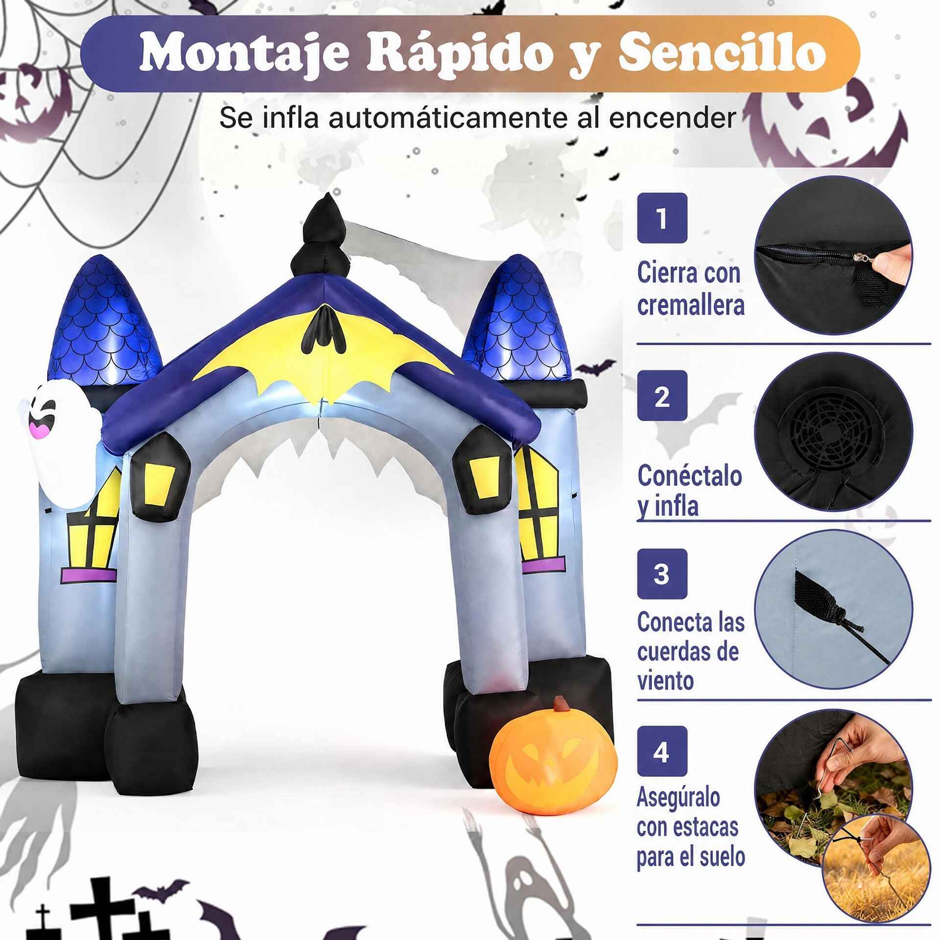 Arco Hinchable de Castillo Fantasma para Halloween con Diseño Impresionante y Luces Decorativas para Jardín 300 x 160 x 270 cm Multicolor
