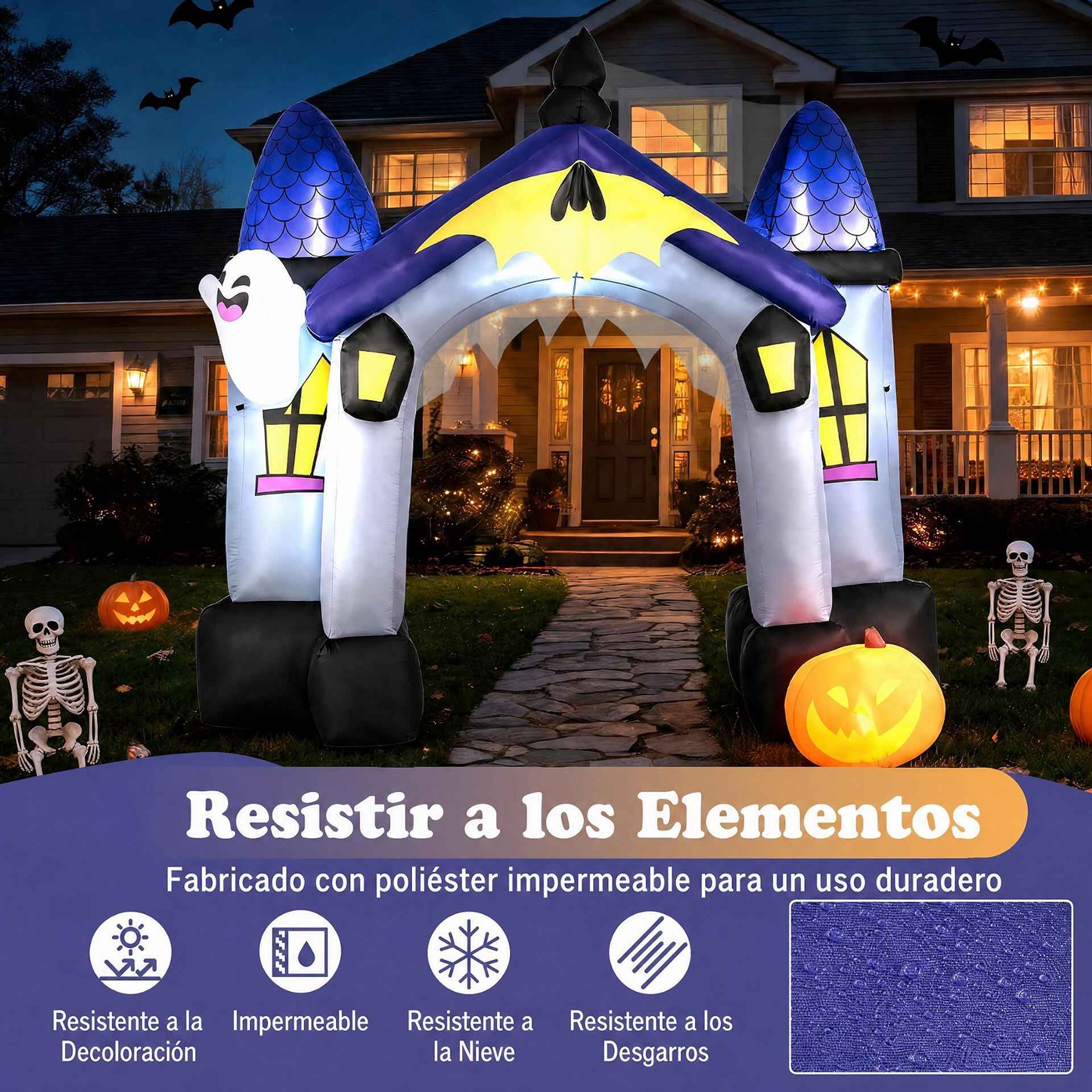 Arco Hinchable de Castillo Fantasma para Halloween con Diseño Impresionante y Luces Decorativas para Jardín 300 x 160 x 270 cm Multicolor