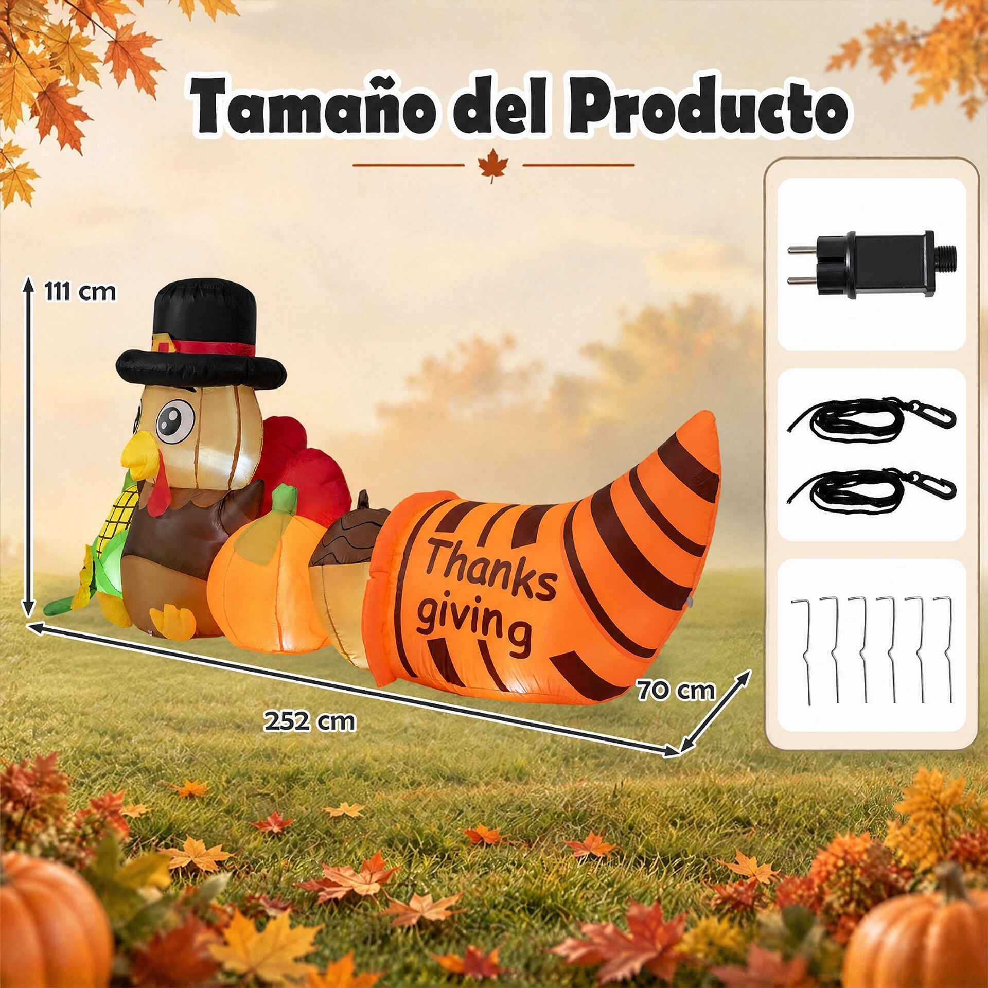 Decoración Hinchable de Pavo para Acción de Gracias con Luces LED Tejido Resistente Plegable para Exterior 252 x 70 x 111 cm Marrón