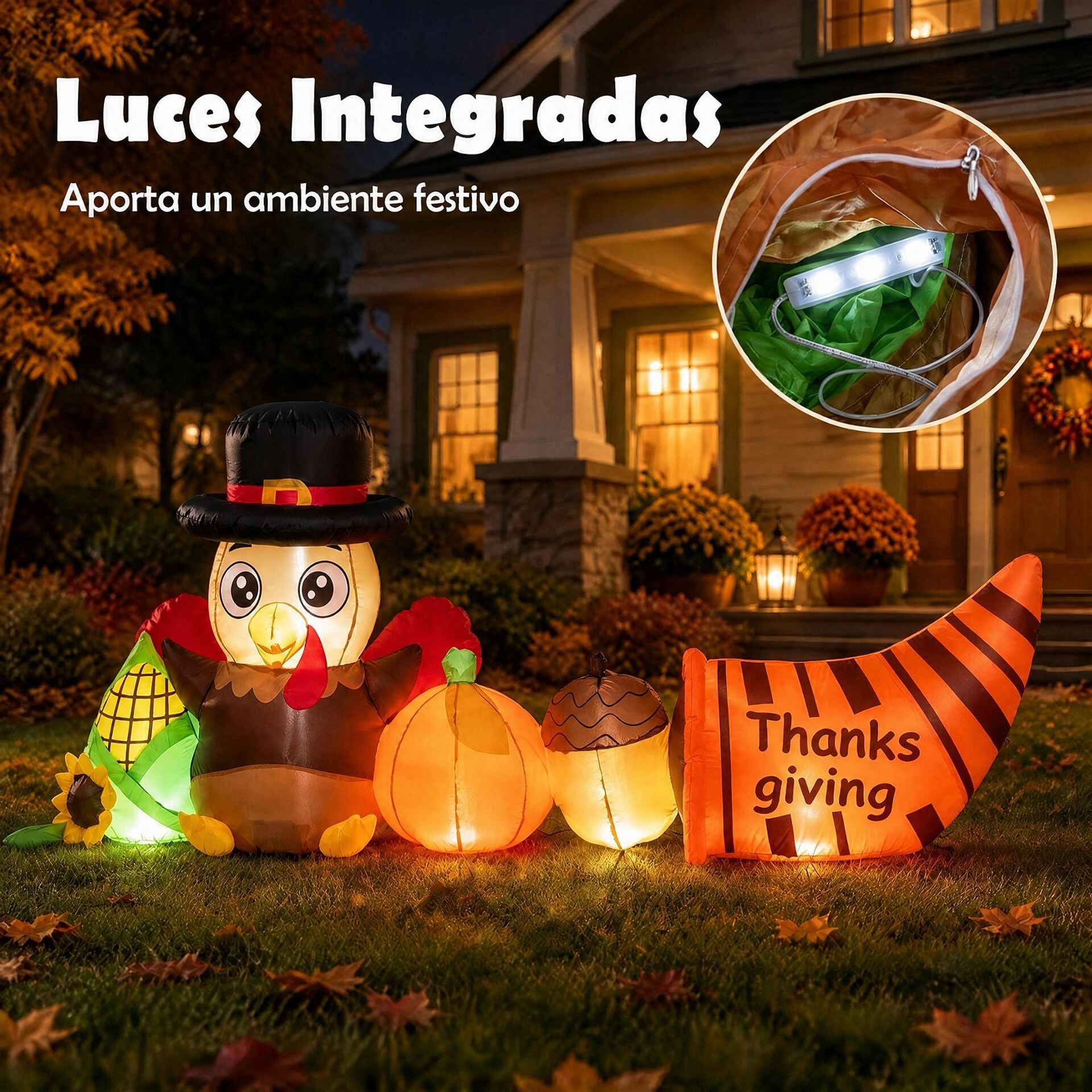 Decoración Hinchable de Pavo para Acción de Gracias con Luces LED Tejido Resistente Plegable para Exterior 252 x 70 x 111 cm Marrón