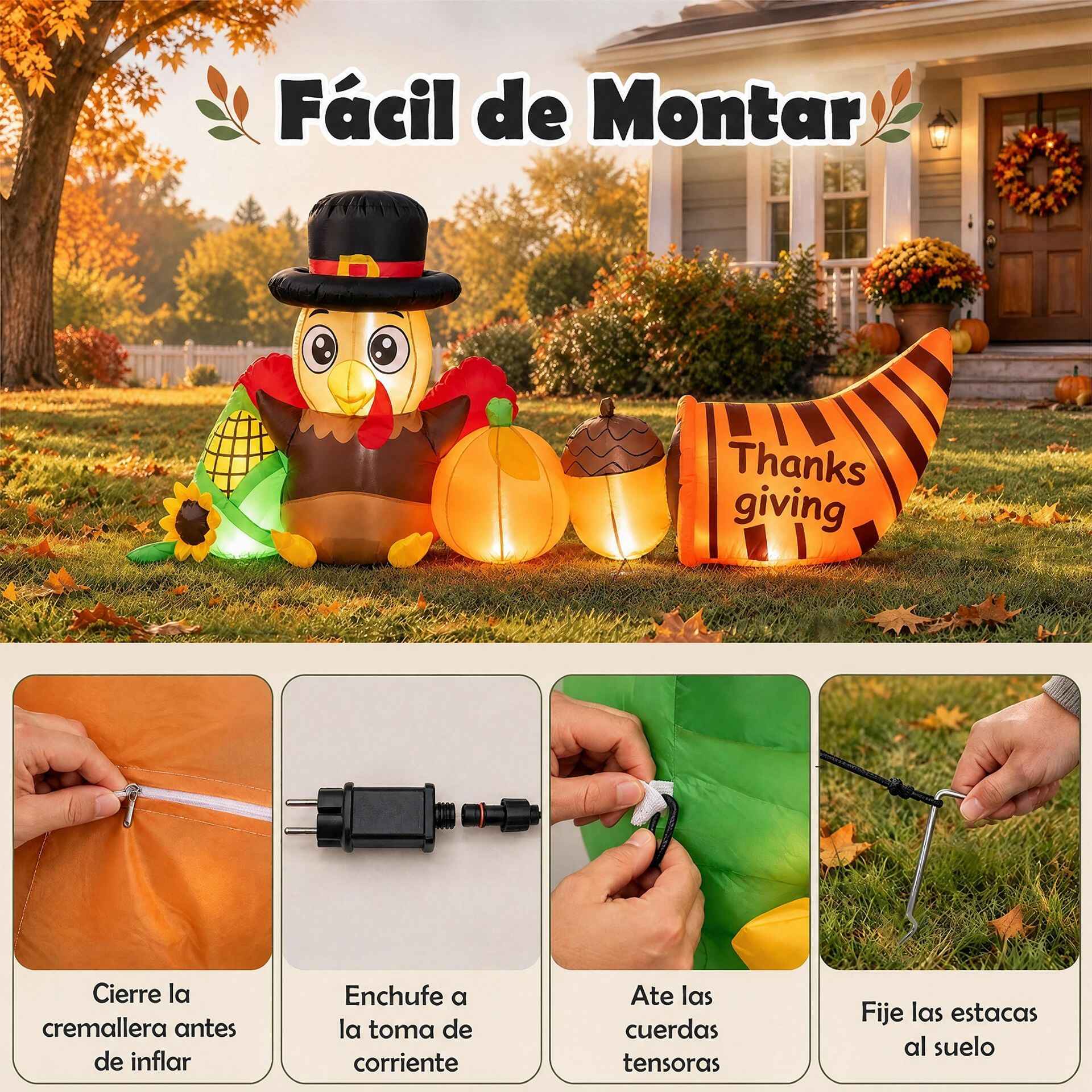Decoración Hinchable de Pavo para Acción de Gracias con Luces LED Tejido Resistente Plegable para Exterior 252 x 70 x 111 cm Marrón