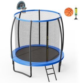 Trampolín al Aire Libre con Aro de Baloncesto Almohadilla de Seguridad y Escalera Trampolín para Niños y Adultos 2,5m Azul y Negro