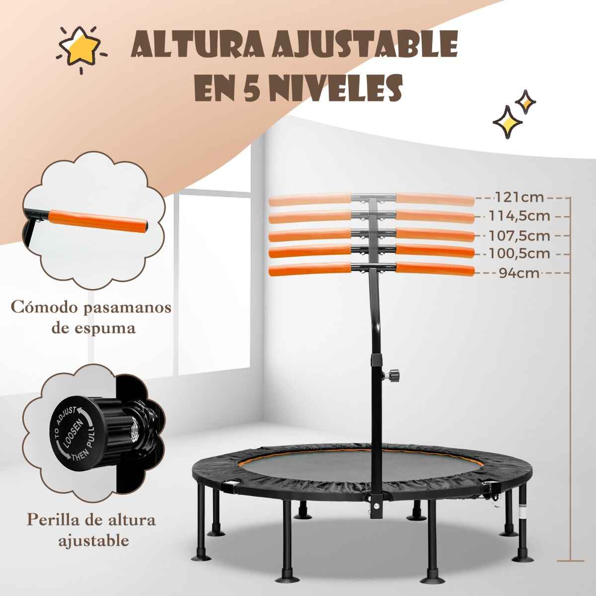 Trampolín Plegable de 117 cm Trampolín Reboteador de Fitness con Pasamanos de Altura Ajustable Resortes de Metal Galvanizado Naranja