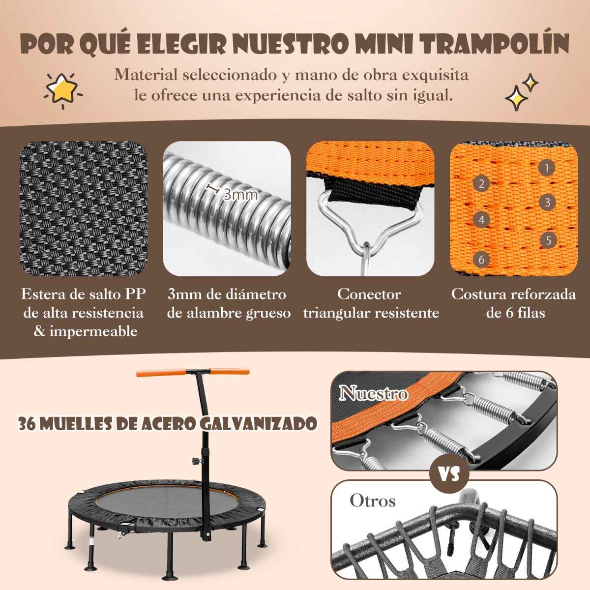 Trampolín Plegable de 117 cm Trampolín Reboteador de Fitness con Pasamanos de Altura Ajustable Resortes de Metal Galvanizado Naranja