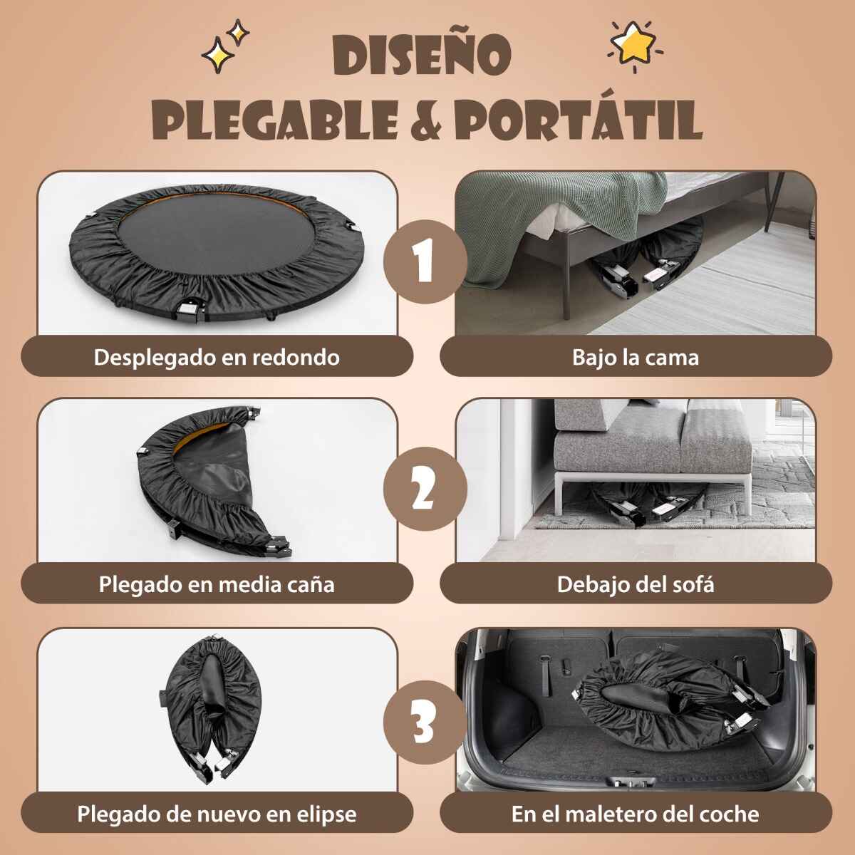 Trampolín Plegable de 117 cm Trampolín Reboteador de Fitness con Pasamanos de Altura Ajustable Resortes de Metal Galvanizado Naranja