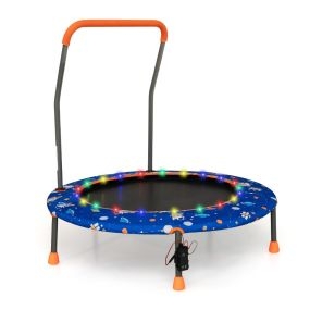 Trampolín para Niños 92 cm Mini Cama Elástica con Luces LED Manija de Seguridad Alfombra de Salto Redonda Cubierta 3-6 Años Azul