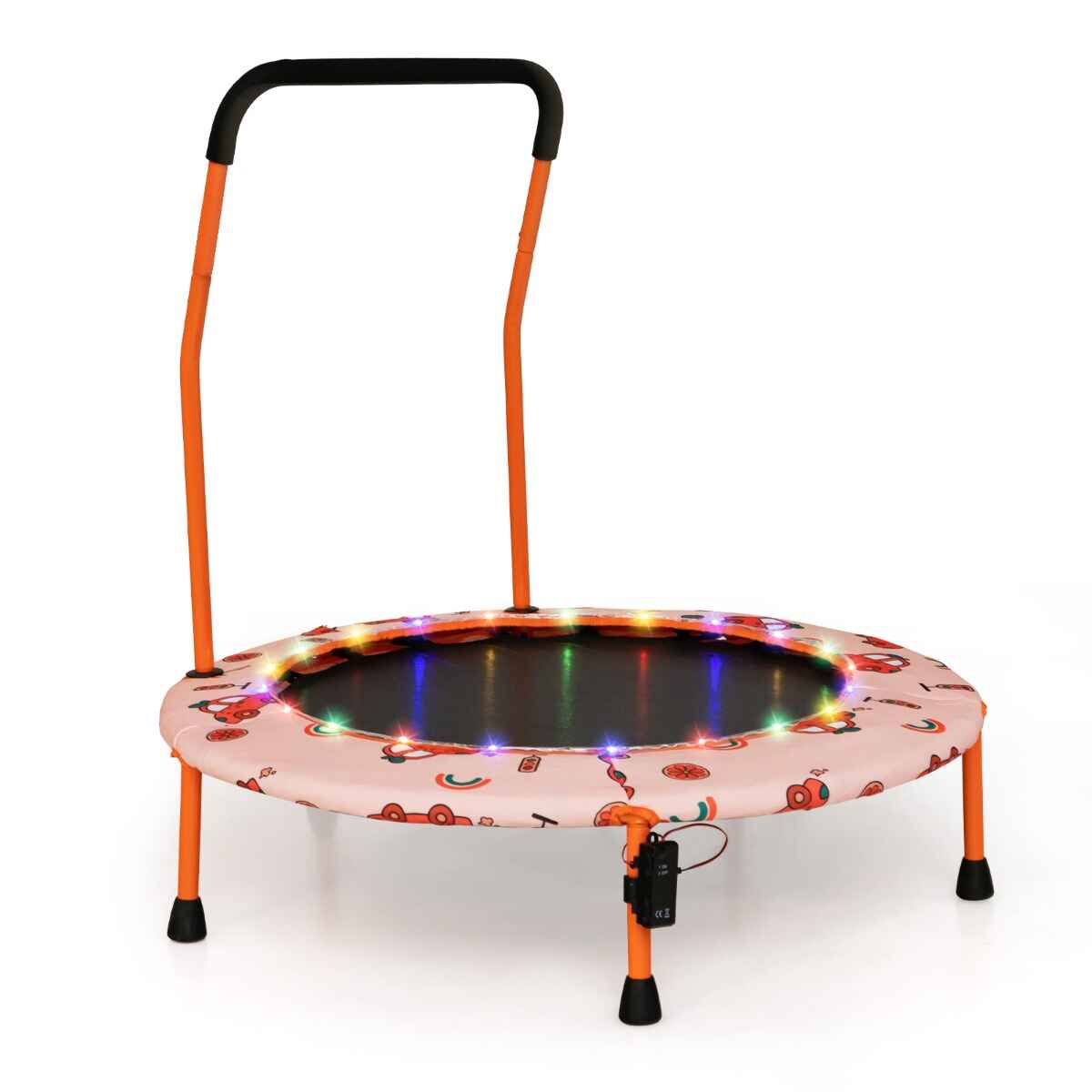 Trampolín para Niños 92 cm Mini Cama Elástica con Luces LED Manija de Seguridad Alfombra de Salto Redonda Cubierta 3-6 Años Naranja