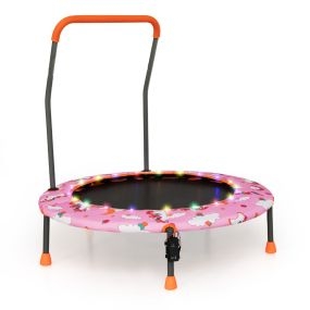 Trampolín para Niños 92 cm Mini Cama Elástica con Luces LED Manija de Seguridad Alfombra de Salto Redonda Cubierta 3-6 Años Rosa