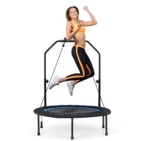 Cama Elástica Plegable 101 cm Mini Trampolín Fitness con Empuñadura Altura Regulable con 2 Bandas para Niños y Adultos Azul