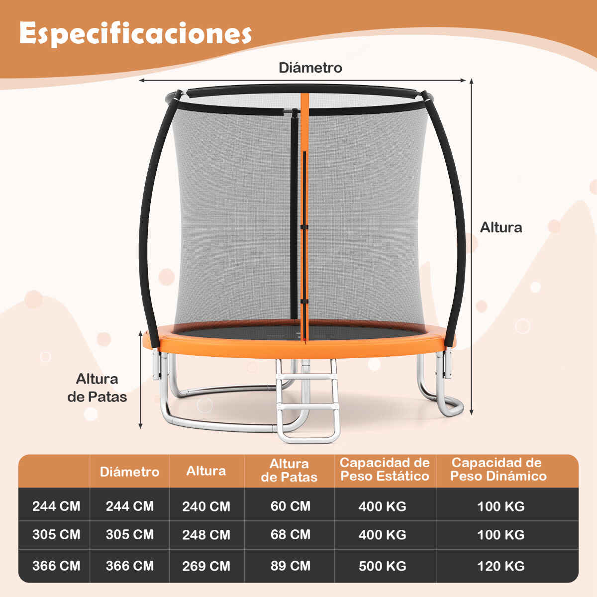 Trampolín Exterior con Escalera Trampolín de Jardín Redondo con Red de Seguridad Cubierta de Borde y Marco de Metal Ø305 cm Naranja