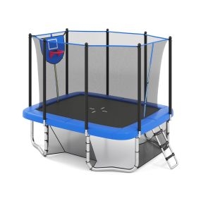 Trampolín Rectangular con Aro de Baloncesto Portería de Fútbol y Bolsa de Almacenamiento y Escalera 317 x 255 x 270 cm Azul