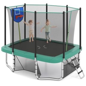 Trampolín Rectangular con Aro de Baloncesto Portería de Fútbol y Bolsa de Almacenamiento y Escalera 317 x 255 x 270 cm Verde