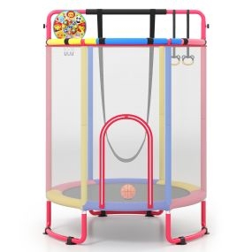 Trampolín infantil multifuncional 154 cm con barra, columpio, canasta, anillas y red de seguridad