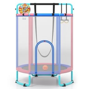 Trampolín infantil multifuncional 154 cm con barra, columpio, canasta, anillas y red de seguridad azul