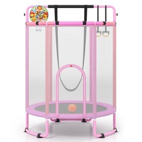 Trampolín infantil multifuncional 154 cm con barra, columpio, canasta, anillas y red de seguridad rosa 3+ años