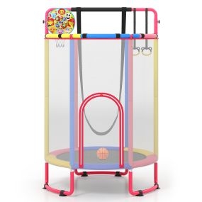 Trampolín infantil 140 cm 6 en 1 con columpio, barra, anillos, baloncesto y red de seguridad multicolor
