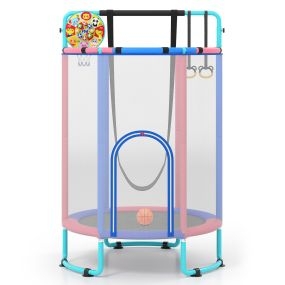 Trampolín infantil 140 cm 6 en 1 con columpio, barra, anillos, baloncesto y red de seguridad azul