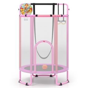 Trampolín infantil 140 cm 6 en 1 con columpio, barra, anillos, baloncesto y red de seguridad rosa