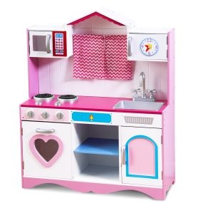 Juego de Cocina de Juguete de Madera para Niños con Fregadero y Grifo con Horno de Microondas Estufas Sonido Realista Cocinita Infantil